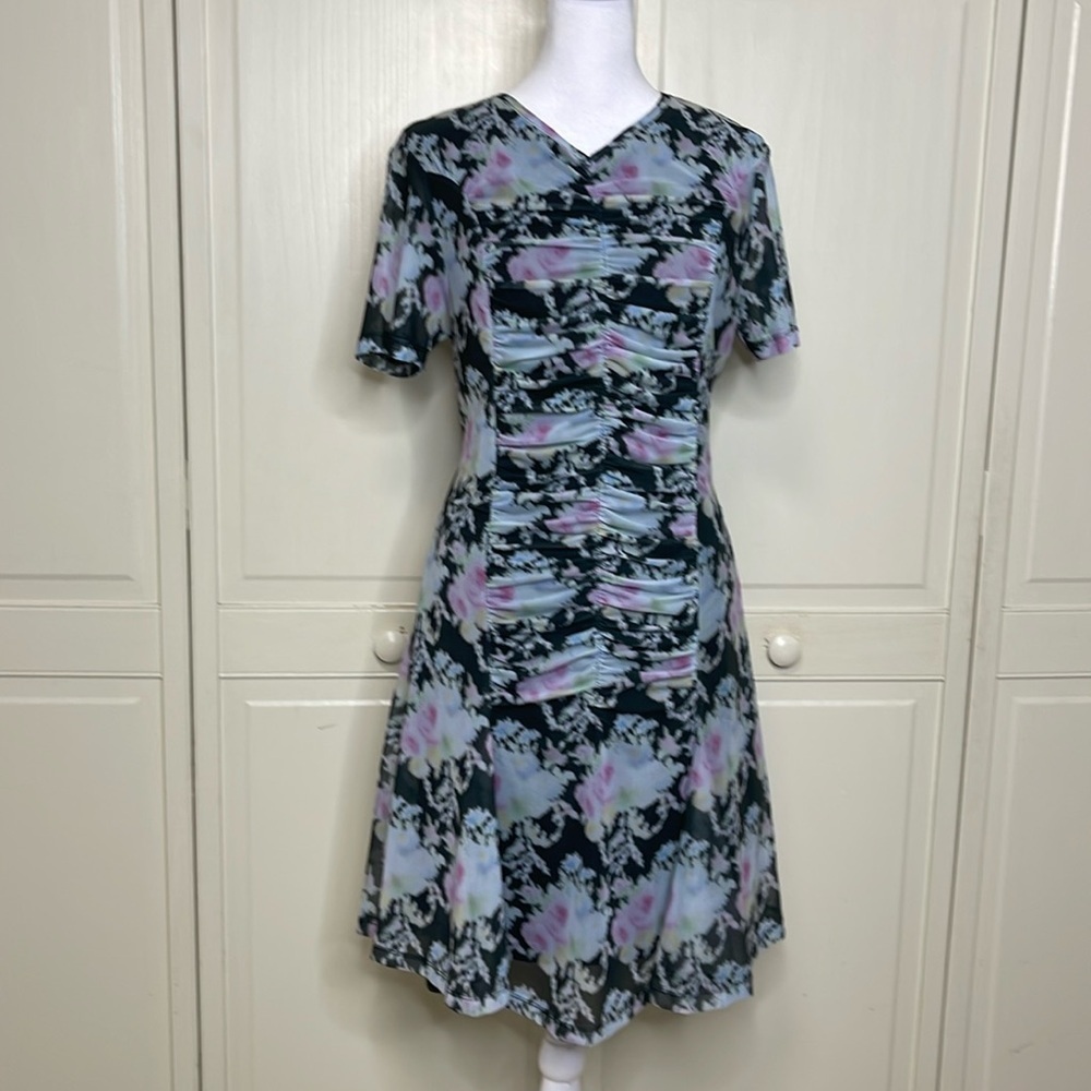 TOPSHOP Women's Floral Ruched Mesh Mini Dress in Multi Size 12